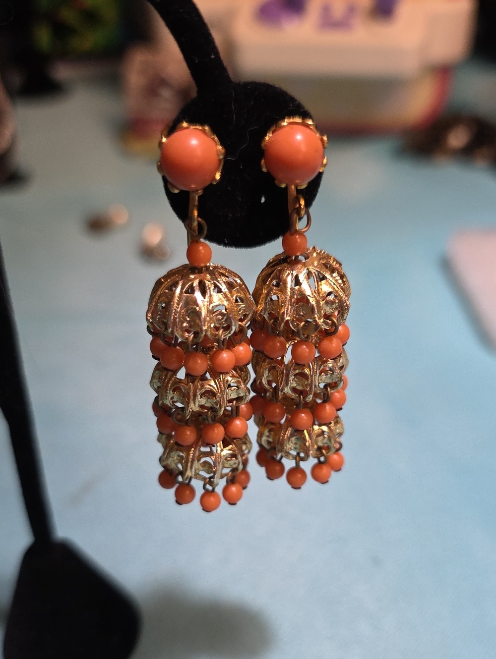 Gold-Tone Clip On Orange Bead Jhumka Earrings - Women Jewelry